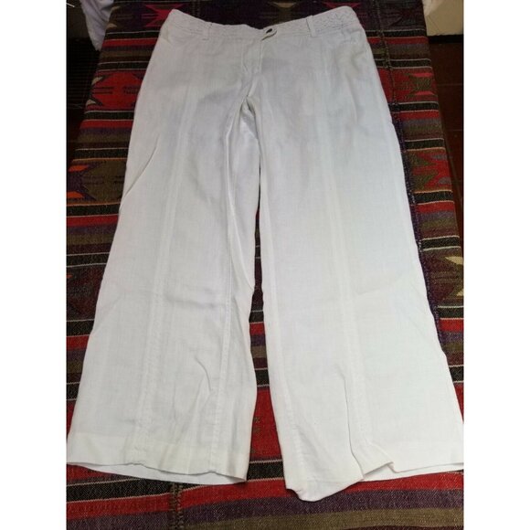 Womens High Rise Pants Extended Button Tab Braided Waist 100% Linen White Sz 14 - Picture 1 of 7